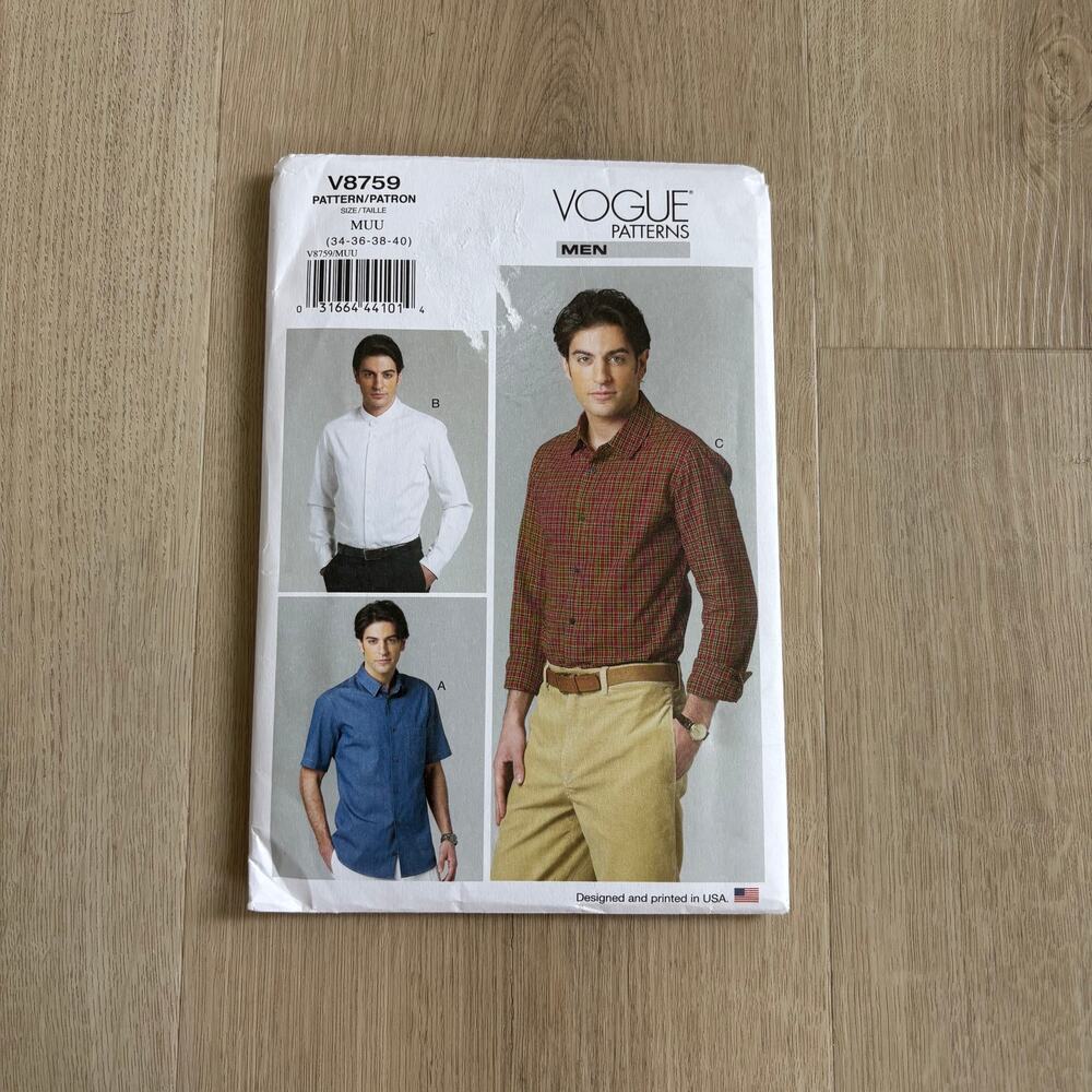 Vogue NEW Men's Shirt Pattern Number V8759 Sizes 34-36-38-40
